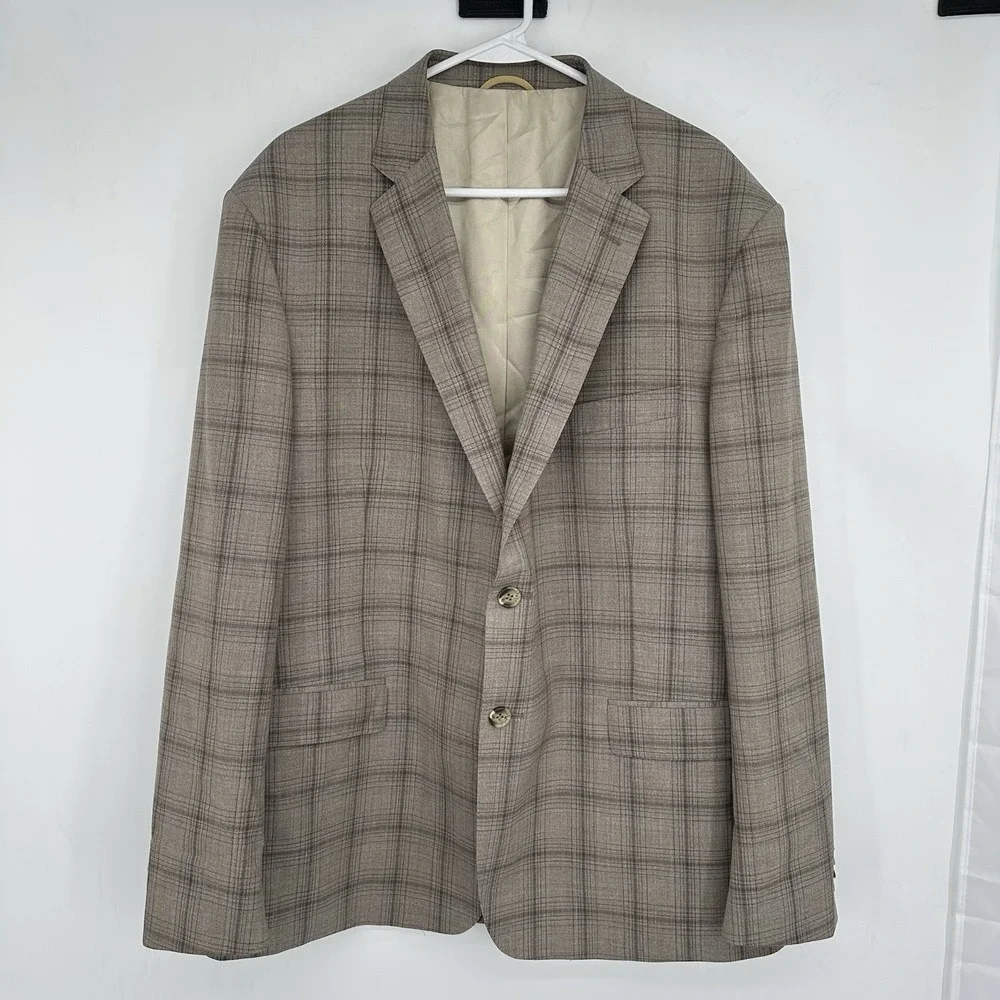 JB Britches Logan Men's Sport Coat 46R Beige Plaid Wool 2 Button Classic Fit